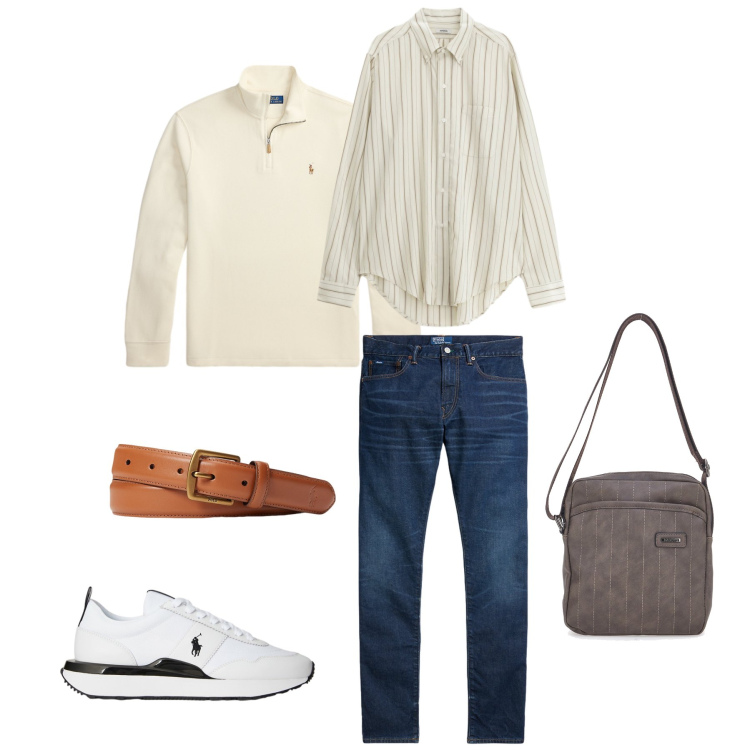 Outfit uomo - Urban Preppy. Stile Urban per Tutti i giorni. Abbinamento con camicie, cinture, jeans, pullovers, sneakers, portafogli.