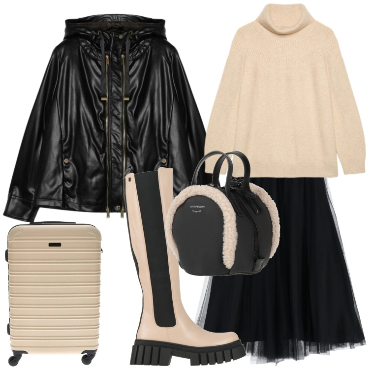 Outfit donna - In partenza. Stile Rock per Tutti i giorni. Abbinamento con zaini, stivali, gonne lunghe, giacche, maglieria, valigie.