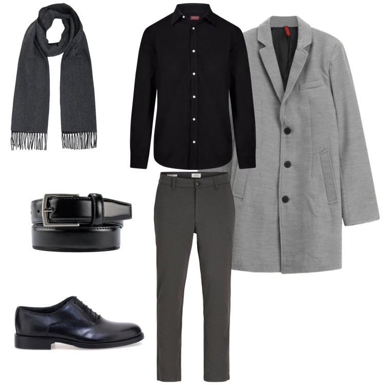 Outfit uomo - Equilibrio di Grigi. Stile Urban per Tutti i giorni. Abbinamento con pantaloni chino, cappotti, camicie, sciarpe, cinture, scarpe stringate.