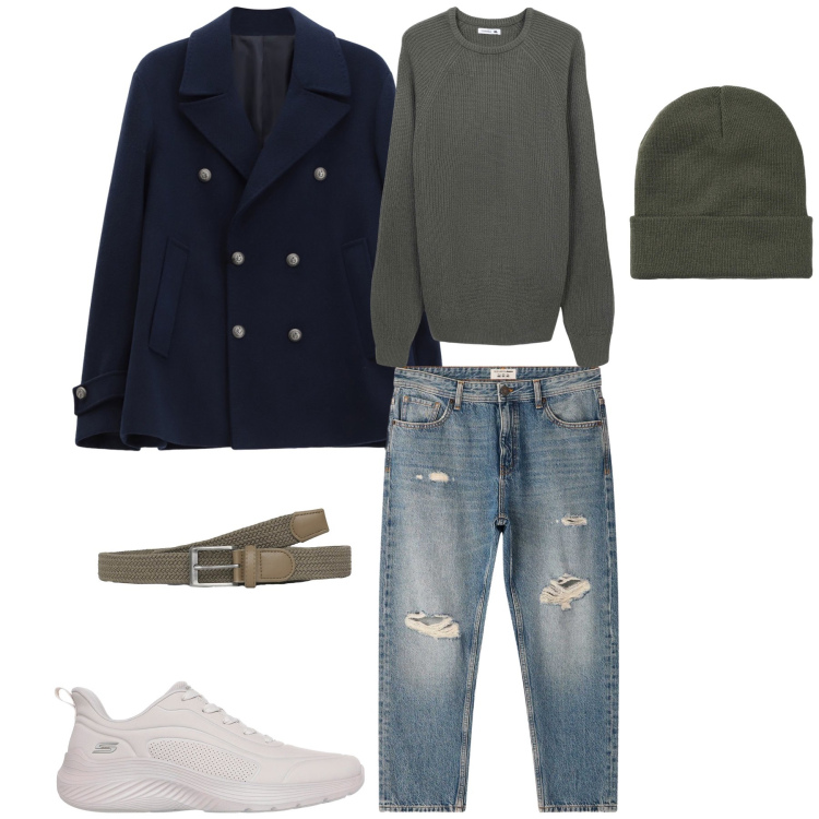 Outfit uomo - Texture e Toni Freddi. Stile Urban per Tutti i giorni. Abbinamento con cappotti, cinture, maglieria, berretti, jeans strappati, sneakers.