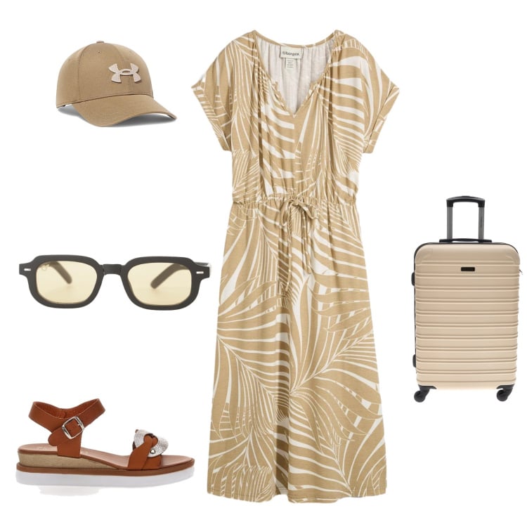Outfit donna - Summer Breeze: Eleganza Tropicale. Stile Romantica per Tutti i giorni. Abbinamento con vestiti, occhiali da sole, sandali, cappelli, valigie.