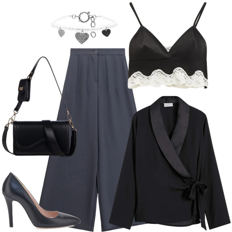 Outfit donna - Total look #2338465. Stile Casual chic per Serata fuori. Abbinamento con blazer, pantaloni a palazzo, top, pochette, braccialetti, décolleté.