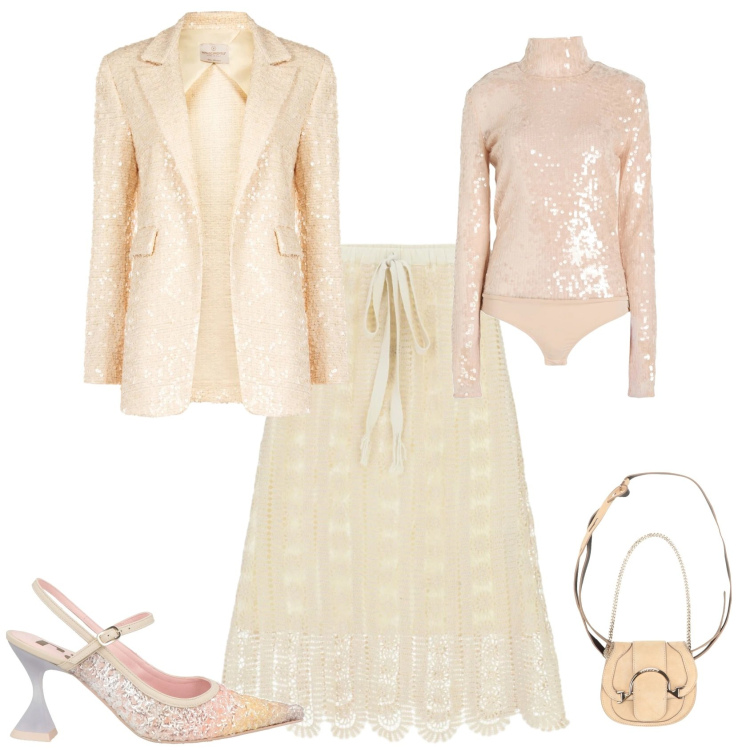 Outfit donna - Serata evento speciale cerimonia. Stile Glamour per Serata fuori. Abbinamento con décolleté, body, marsupi, gonne longuette, blazer.