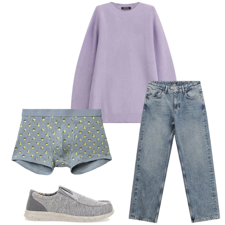 Outfit uomo - Total look #2338471. Stile Urban per Tutti i giorni. Abbinamento con jeans dritti, maglieria, boxer, scarpe stringate.