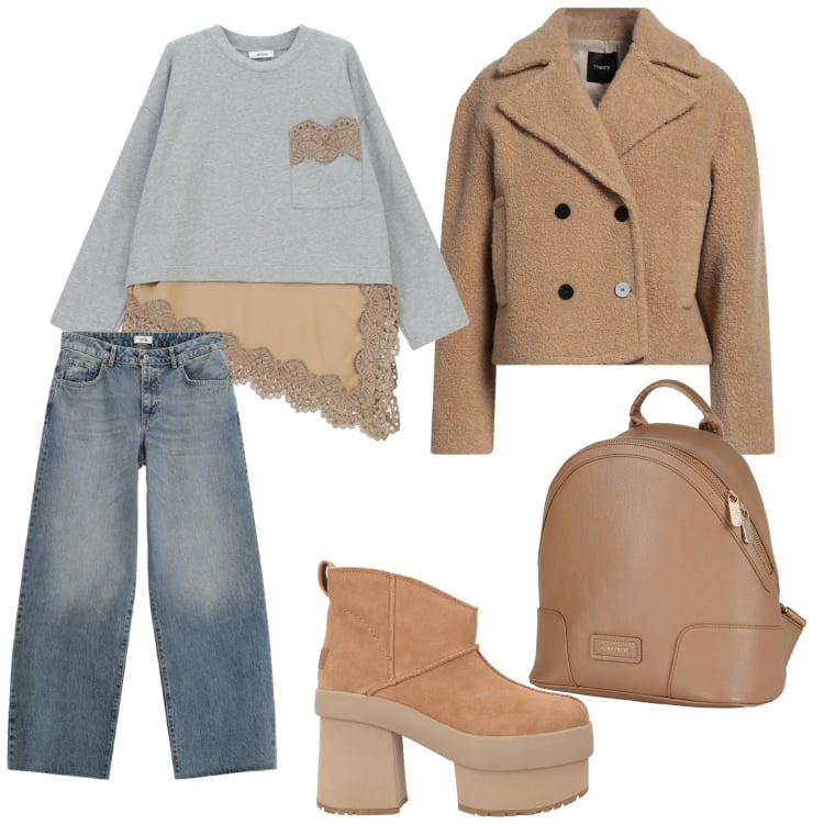Outfit donna - Look. Stile Urban per Tutti i giorni. Abbinamento con caban, stivaletti, zaini, top, jeans.