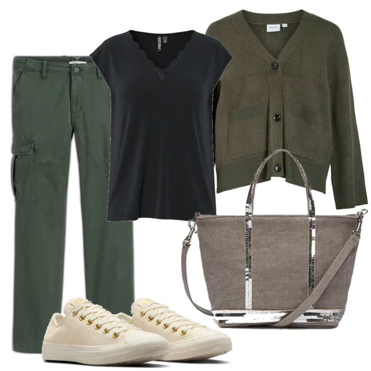 Outfit mujer - Basic look. Estilo Basic para Todos los días. Combinación con cárdigans, pantalones cargo, sneakers, camiseta, bolso tote.