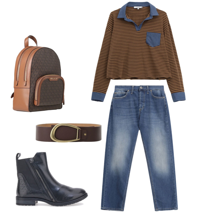 Outfit donna - Comfort e Dettagli a Contrasto. Stile Trendy per Tutti i giorni. Abbinamento con zaini, cinture, t-shirt, jeans dritti, stivaletti chelsea.