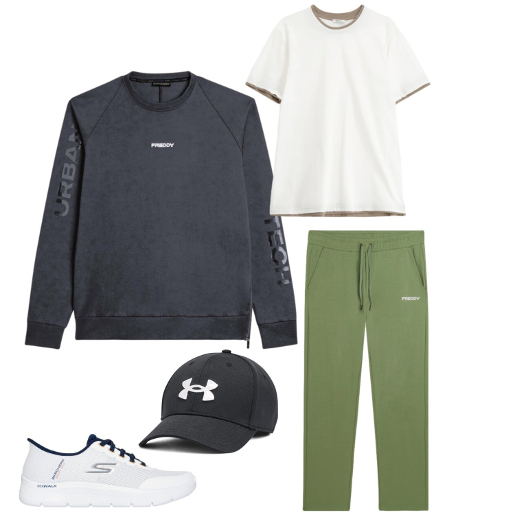 Outfit uomo - Performance e Stile Outdoor. Stile Urban per Tutti i giorni. Abbinamento con t-shirt, pantaloni sportivi, felpe, cappelli, sneakers.