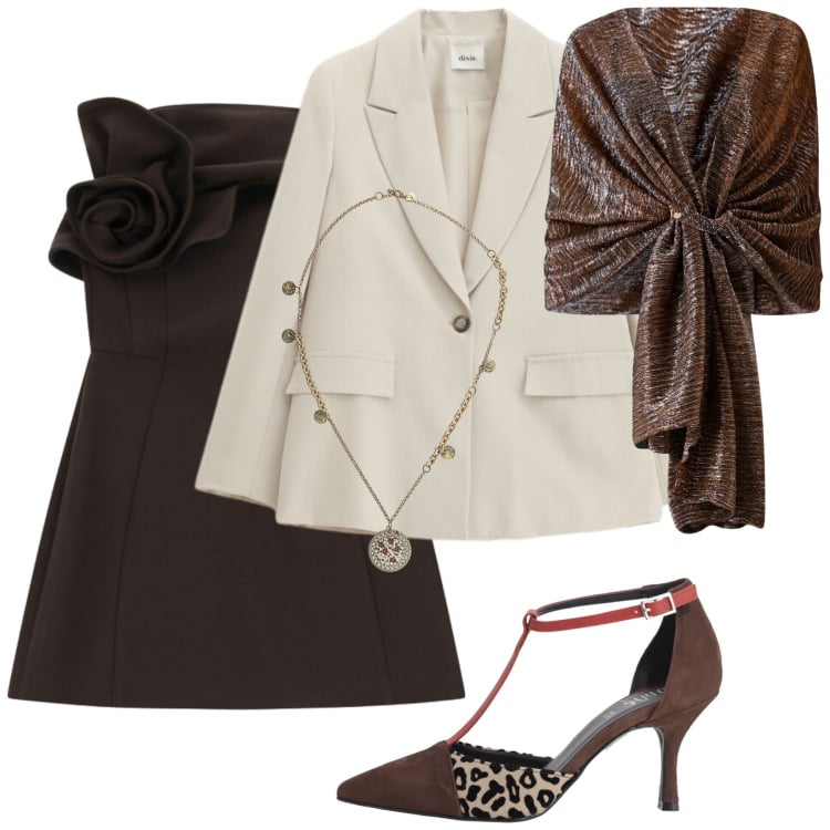 Outfit donna - Con un vestitino. Stile Glamour per Serata fuori. Abbinamento con vestiti asimmetrici, décolleté, blazer, ciondoli, stole.