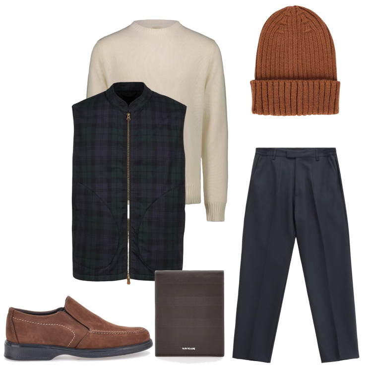 Outfit uomo - Calore e Stile Senza Tempo. Stile Urban per Tutti i giorni. Abbinamento con pantaloni, piumini, berretti, portafogli, scarpe stringate, maglieria.