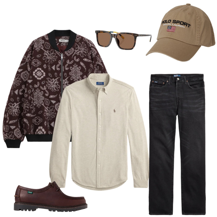 Outfit uomo - Mix di Pattern e Tradizione. Stile Urban per Tutti i giorni. Abbinamento con bomber, occhiali da sole, scarpe stringate, jeans dritti, cappelli, camicie.