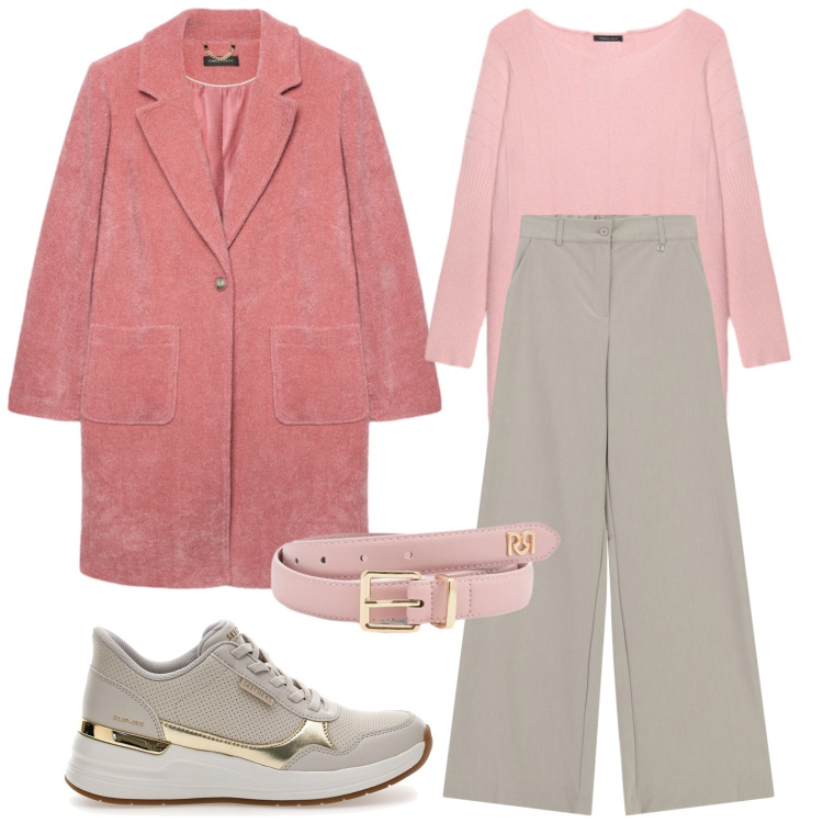Outfit donna - Morbidezza e comfort. Stile Casual chic per Tutti i giorni. Abbinamento con maglieria, cappotti, pantaloni a palazzo, cinture, sneakers.