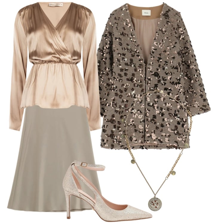 Outfit donna - Bagliori e strass. Stile Chic per Serata fuori. Abbinamento con décolleté, bluse, gonne longuette, ciondoli, cappotti.