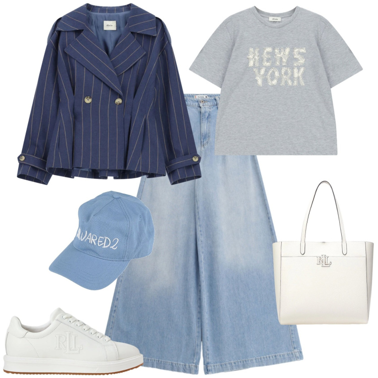 Outfit donna - Trendy ogni giorno. Stile Trendy per Tutti i giorni. Abbinamento con cappelli con visiera, blazer, t-shirt, jeans, sneakers, borse tote.