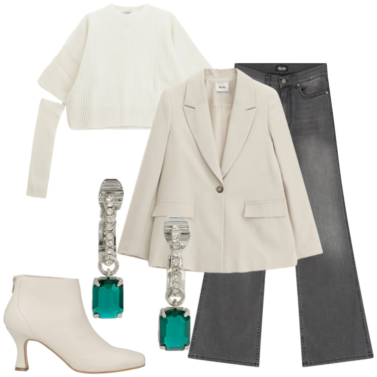 Outfit donna - Quando lo stile chiama. Stile Casual chic per Tutti i giorni. Abbinamento con stivaletti, blazer, jeans a zampa, maglieria, orecchini.