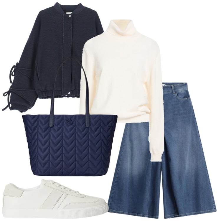 Outfit donna - In vista della primavera. Stile Trendy per Tutti i giorni. Abbinamento con maglieria, jeans, borse tote, sneakers, bomber.