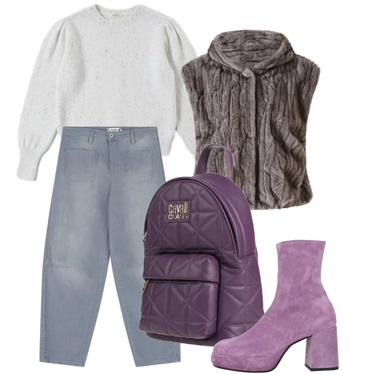 Outfit donna - Qualcosa di eclettico. Stile Trendy per Tutti i giorni. Abbinamento con zaini, stivaletti, jeans, piumini, maglieria.