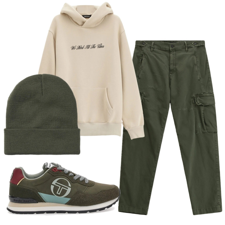 Outfit uomo - Total look #2338523. Stile Casual per Tutti i giorni. Abbinamento con pantaloni cargo, felpe con cappuccio, berretti, sneakers.