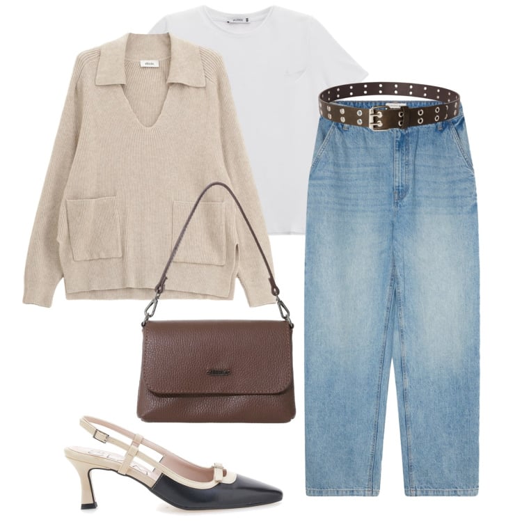 Outfit donna - Basic e non banale. Stile Urban per Tutti i giorni. Abbinamento con cinture, jeans, t-shirt, maglieria, borse a tracolla, décolleté.