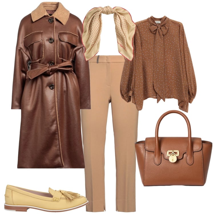 Outfit donna - Trendy ufficio tempo libero. Stile Trendy per Tutti i giorni. Abbinamento con mocassini, cappotti, pantaloni, camicie, borse a mano, foulard.