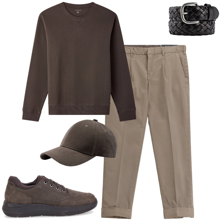 Outfit uomo - City. Stile Urban per Tutti i giorni. Abbinamento con pantaloni chino, felpe, cinture, scarpe stringate, cappelli con visiera.