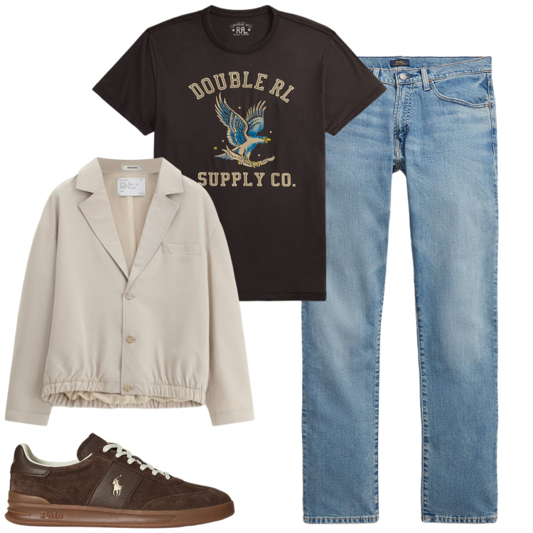 Outfit uomo - Quasi primavera. Stile Casual per Tutti i giorni. Abbinamento con giacche, sneakers, jeans, t-shirt.