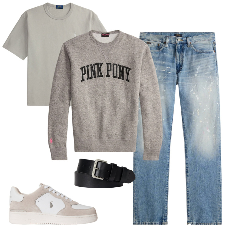 Outfit uomo - Febbraio. Stile Casual per Tutti i giorni. Abbinamento con cinture, felpe, jeans dritti, sneakers, t-shirt.