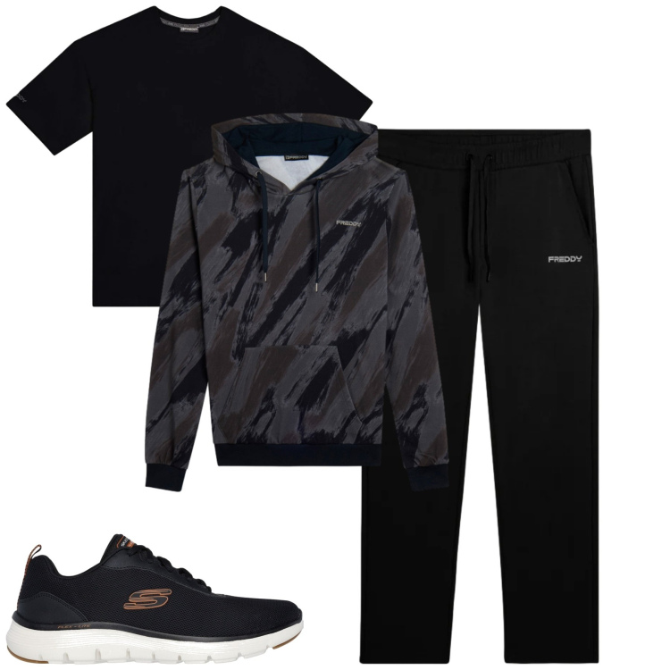 Outfit uomo - Freddy. Stile Casual per Tutti i giorni. Abbinamento con pantaloni sportivi, felpe con cappuccio, t-shirt, sneakers.