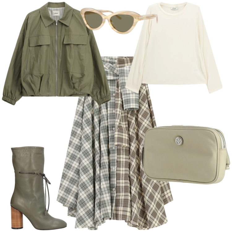 Outfit donna - Casual chic ogni giorno. Stile Casual chic per Tutti i giorni. Abbinamento con stivaletti, marsupi, t-shirt, gonne longuette, bomber, occhiali da sole.