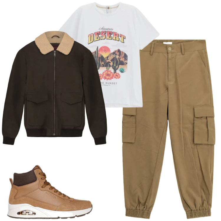 Outfit uomo - Total look #2338547. Stile Trendy per Tutti i giorni. Abbinamento con pantaloni cargo, t-shirt, sneakers alte, bomber.