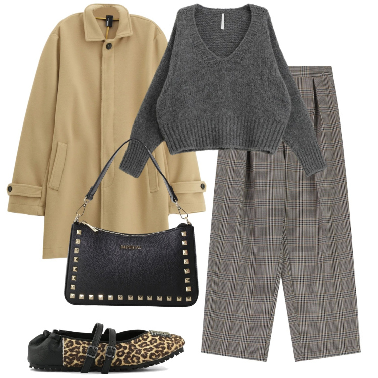 Outfit donna - Stagione di trench. Stile Casual chic per Tutti i giorni. Abbinamento con maglieria, pantaloni, trench, pochette, ballerine.