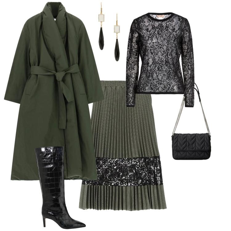 Outfit donna - Minimal chic serata evento. Stile Chic per Serata fuori. Abbinamento con pullovers, giacche, stivali, gonne longuette, borse a tracolla, orecchini.