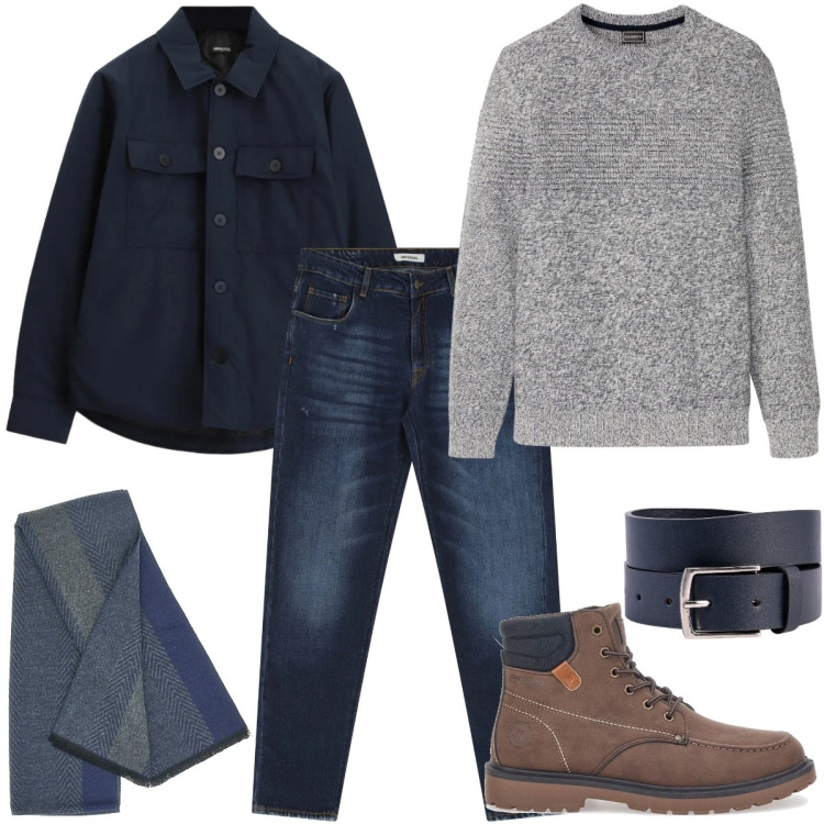 Outfit uomo - Total look #2338554. Stile Casual per Tutti i giorni. Abbinamento con maglieria, jeans dritti, cappotti, sciarpe, cinture, stivali e stivaletti.