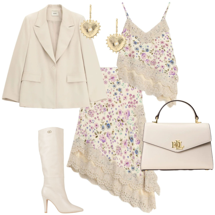 Outfit donna - Romantica ogni giorno. Stile Romantica per Tutti i giorni. Abbinamento con stivali, gonne longuette, top, blazer, borse a mano, orecchini.