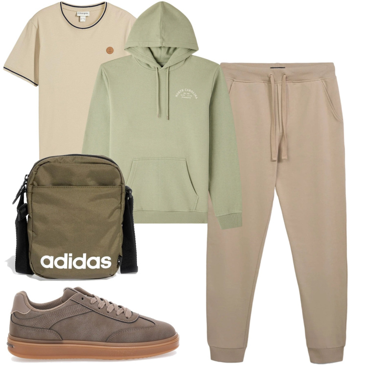 Outfit uomo - Weekend. Stile Casual per Tutti i giorni. Abbinamento con t-shirt, pantaloni, felpe con cappuccio, sneakers, borse sportive.