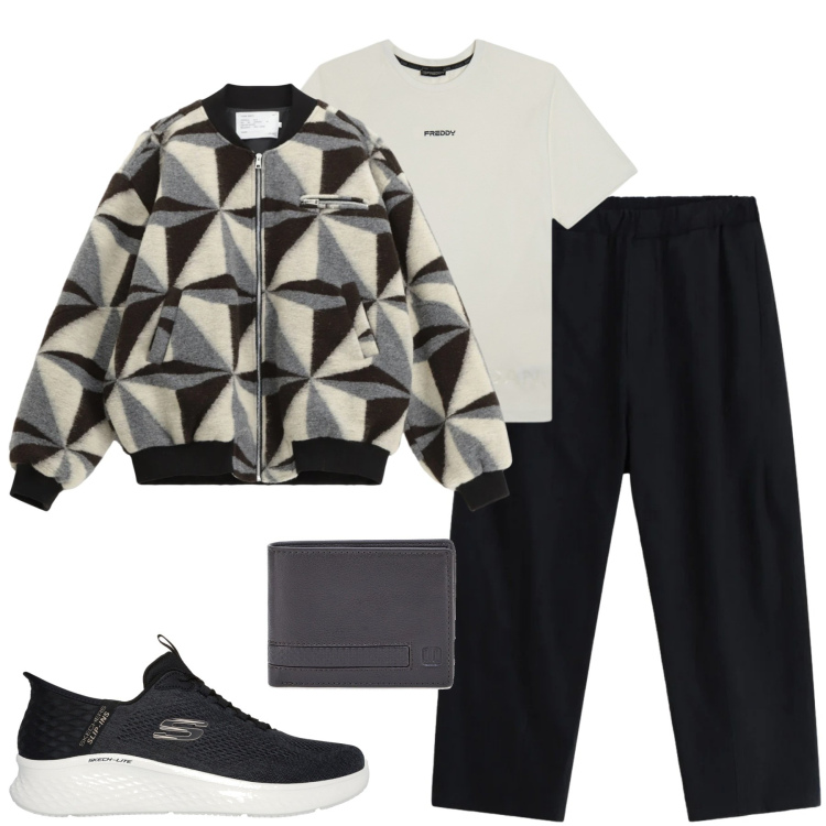 Outfit uomo - Febbraio. Stile Urban per Tutti i giorni. Abbinamento con pantaloni, giacche, t-shirt, portafogli, sneakers.