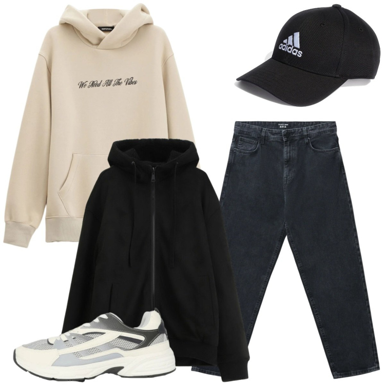 Outfit uomo - Total look #2338562. Stile Casual per Tutti i giorni. Abbinamento con bomber, felpe con cappuccio, jeans, sneakers, cappelli con visiera.