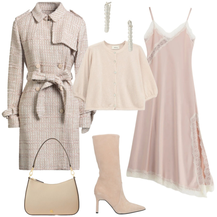 Outfit donna - Romantica serata evento. Stile Romantica per Serata fuori. Abbinamento con stivali, cappotti, vestiti lunghi, cardigans, orecchini, borse a spalla.