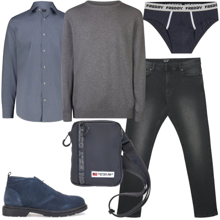 Outfit uomo - Total look #2338572. Stile Casual per Tutti i giorni. Abbinamento con jeans skinny, slip, maglieria, scarpe stringate, camicie, borse sportive.