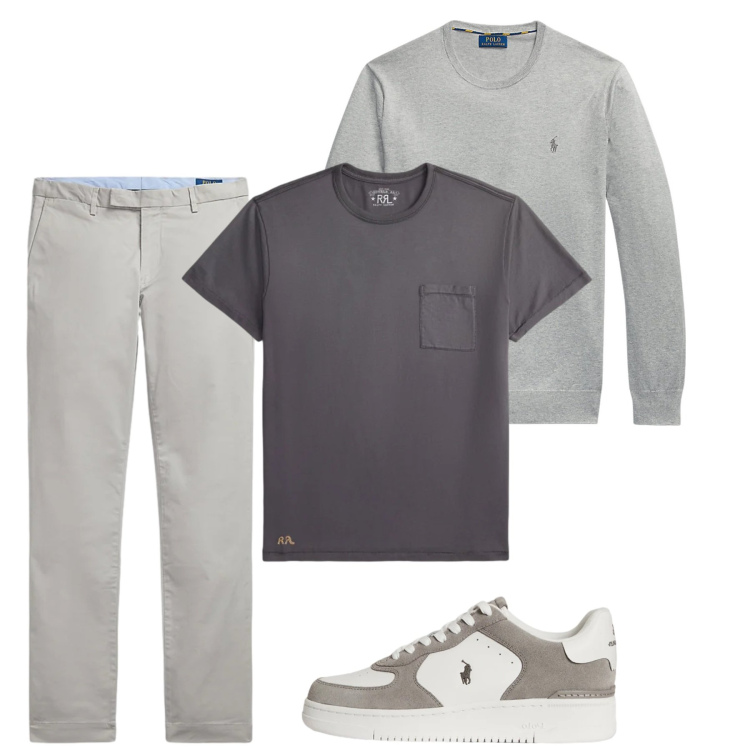 Outfit uomo - Febbraio. Stile Casual per Tutti i giorni. Abbinamento con maglieria, pantaloni, sneakers, t-shirt.