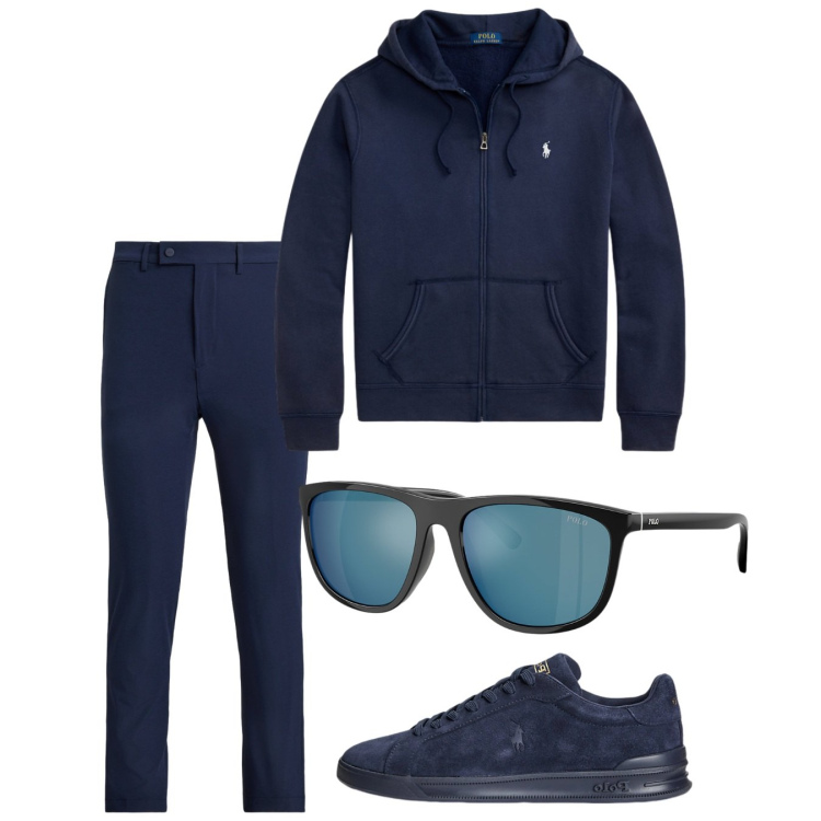 Outfit uomo - Febbraio. Stile Casual per Tutti i giorni. Abbinamento con sneakers, pantaloni, occhiali da sole, felpe con cappuccio.