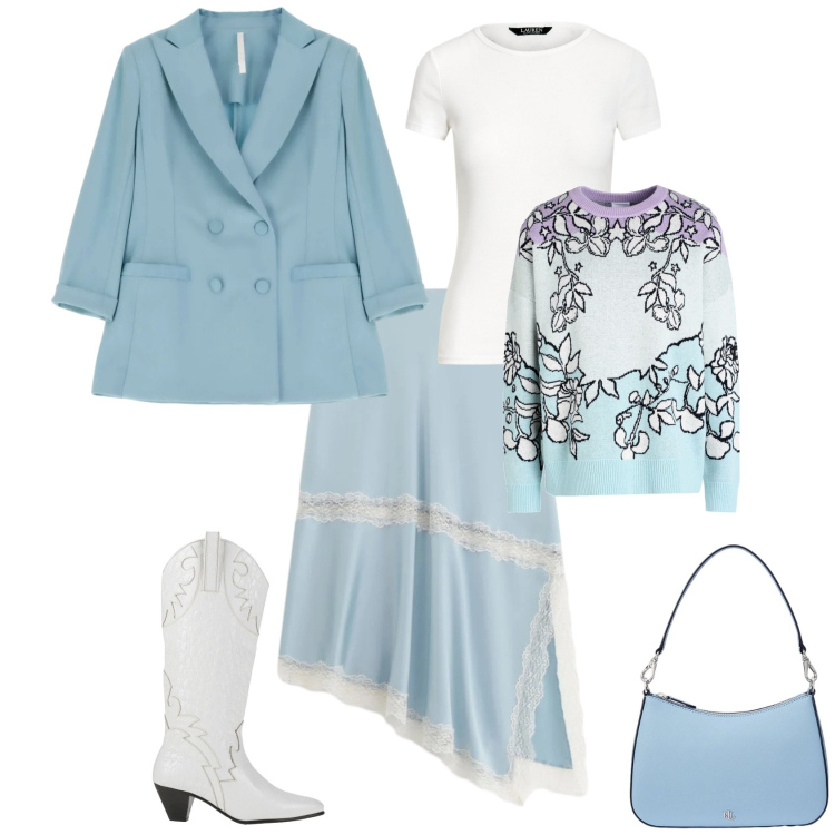 Outfit donna - Ogni giorno azzurra bianco. Stile Romantica per Tutti i giorni. Abbinamento con pullovers, stivali, gonne longuette, blazer, t-shirt, borse a spalla.