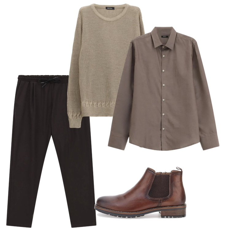 Outfit uomo - Febbraio. Stile Casual per Tutti i giorni. Abbinamento con pantaloni, maglieria, camicie, scarpe stringate.