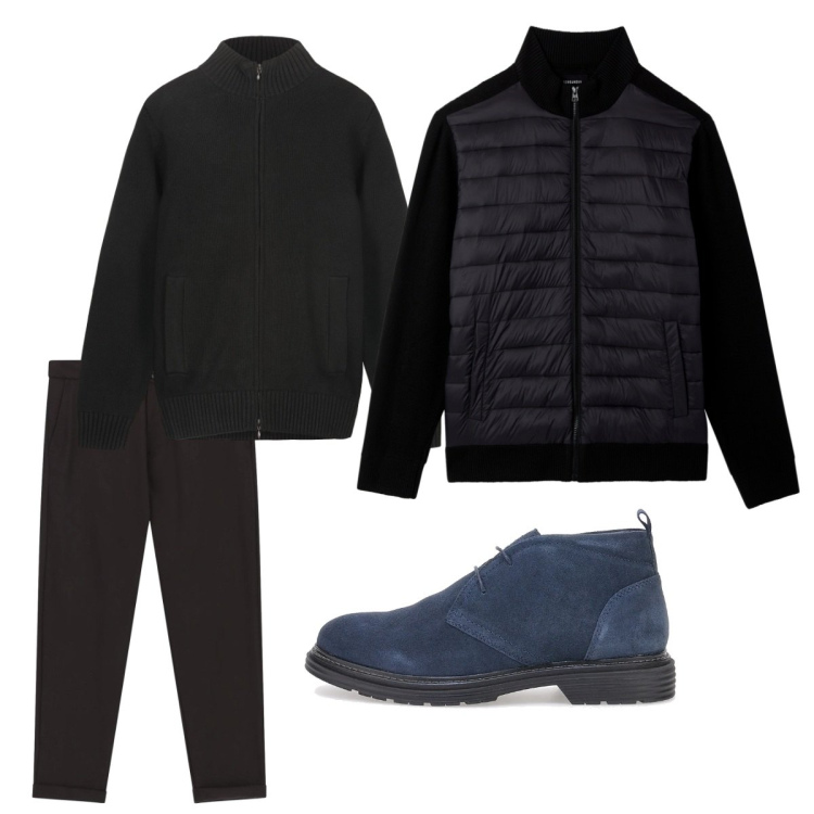 Outfit uomo - Febbraio. Stile Casual per Tutti i giorni. Abbinamento con pantaloni, piumini, scarpe stringate, cardigans.