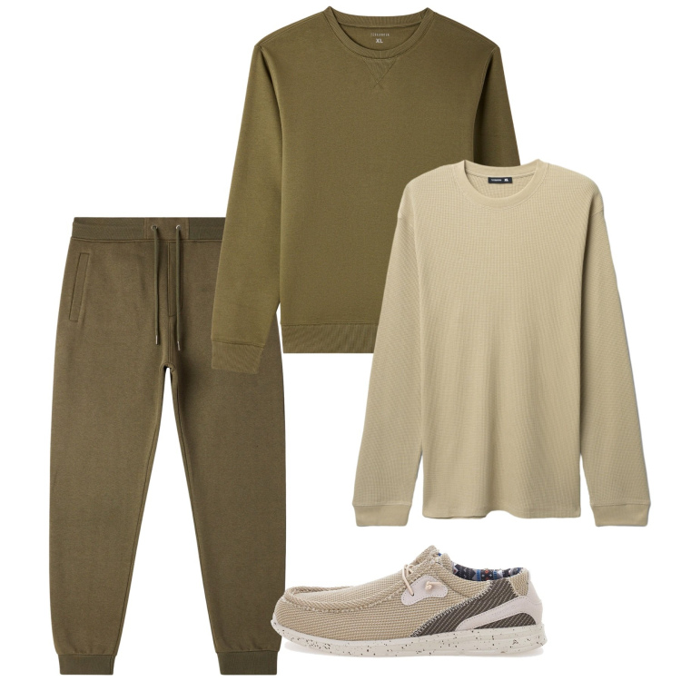 Outfit uomo - Homewear. Stile Casual per Tutti i giorni. Abbinamento con felpe, pantaloni, maglieria, scarpe stringate.