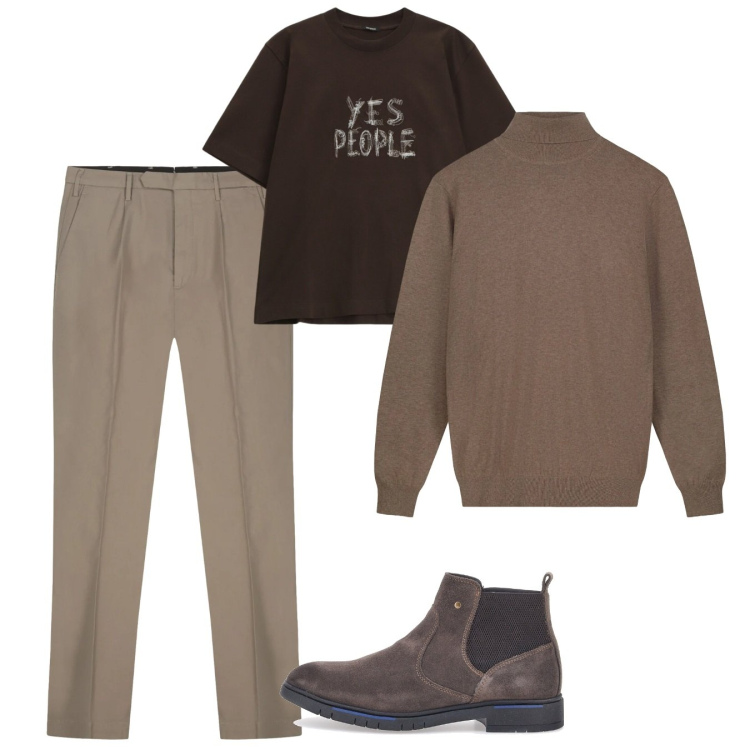 Outfit uomo - Febbraio. Stile Casual per Tutti i giorni. Abbinamento con t-shirt, stivali e stivaletti, pantaloni, maglieria.