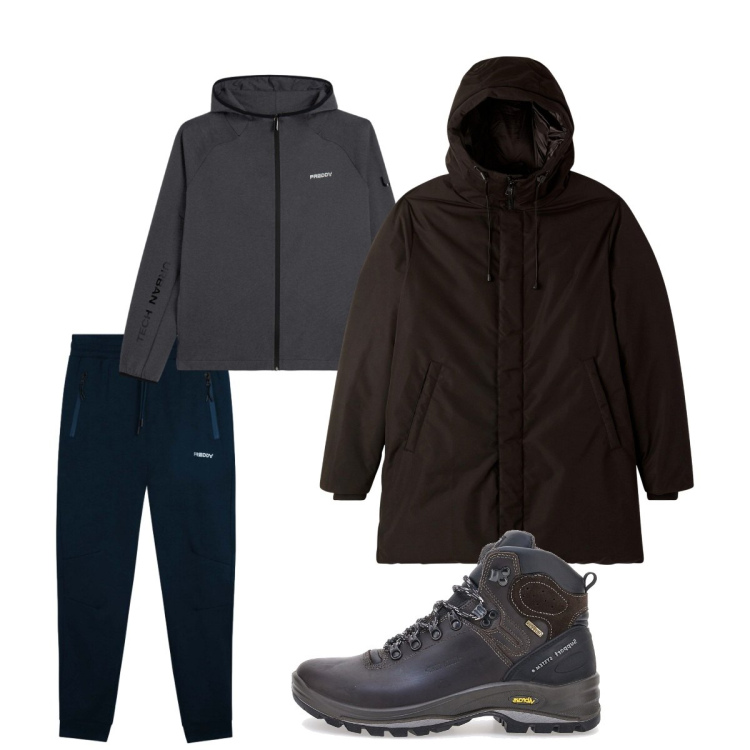 Outfit uomo - Febbraio. Stile Casual per Tutti i giorni. Abbinamento con parka, pantaloni, felpe con cappuccio, stivali e stivaletti.