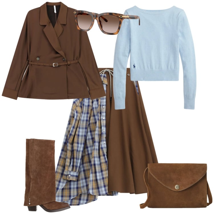 Outfit donna - Casual chic ogni giorno. Stile Casual chic per Tutti i giorni. Abbinamento con stivali, blazer, gonne longuette, borse a tracolla, occhiali da sole, maglieria.
