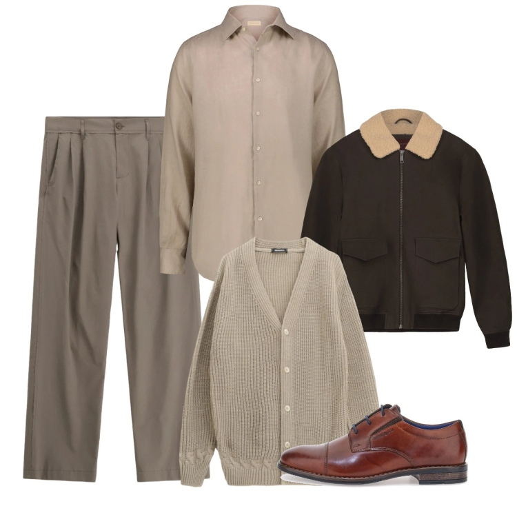 Outfit uomo - Febbraio a strati. Stile Casual per Tutti i giorni. Abbinamento con cardigans, pantaloni, scarpe stringate, bomber, camicie.