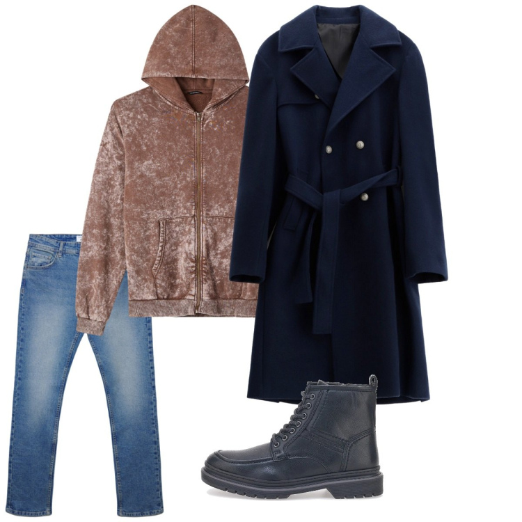 Outfit uomo - Febbraio. Stile Casual per Tutti i giorni. Abbinamento con jeans dritti, felpe con cappuccio, cappotti, anfibi.